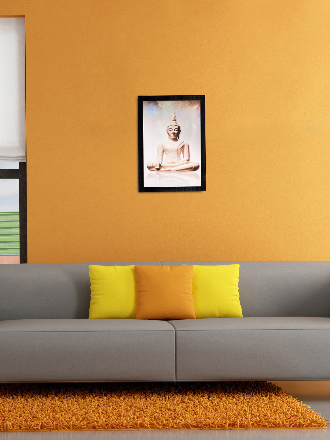 eCraftIndia Cream-Coloured Meditating Buddha Matt Textured Framed Wall Art