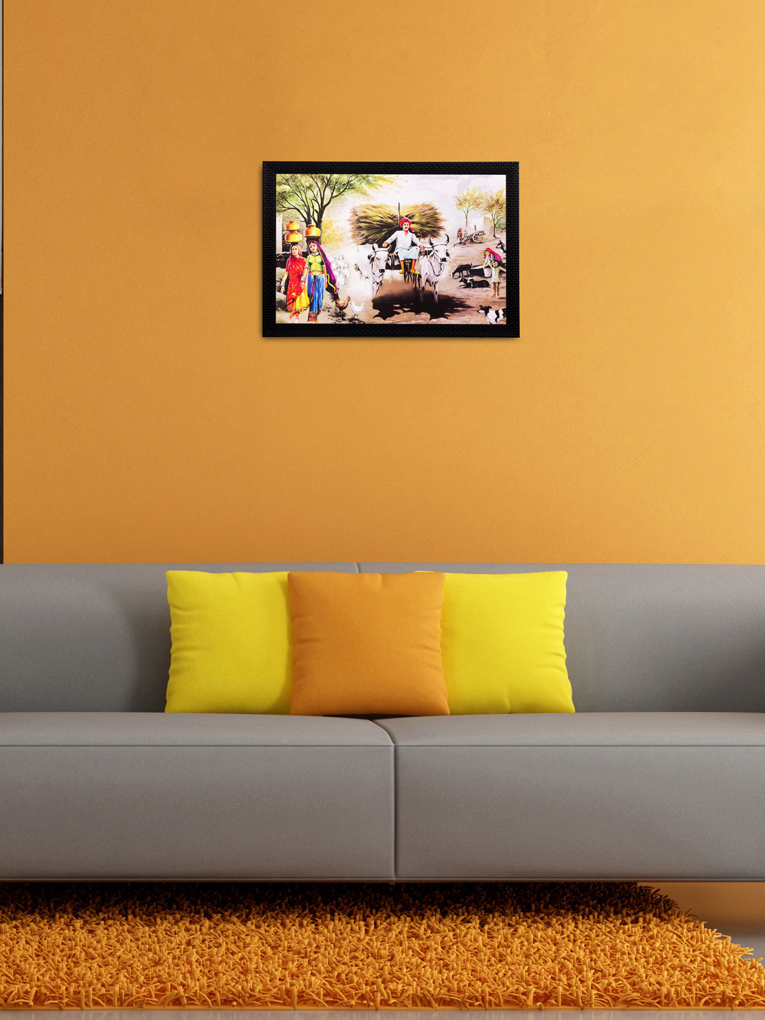 eCraftIndia Cow Cart View Synthetic Wood Wall Rectangle Paintings Wall Art 14 x 20 In