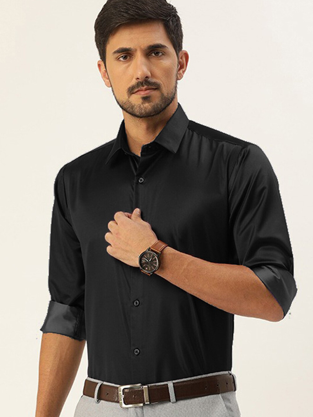 Hancock Men Black Solid Satin Slim Fit Tuxedo Formal Shirt