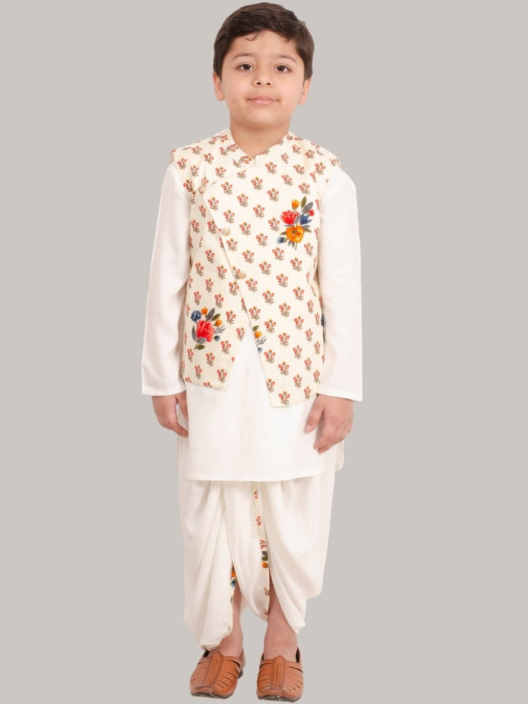 Muffin Shuffin Boys Off White Layered Kurta with Dhoti Pants with Waistcoat