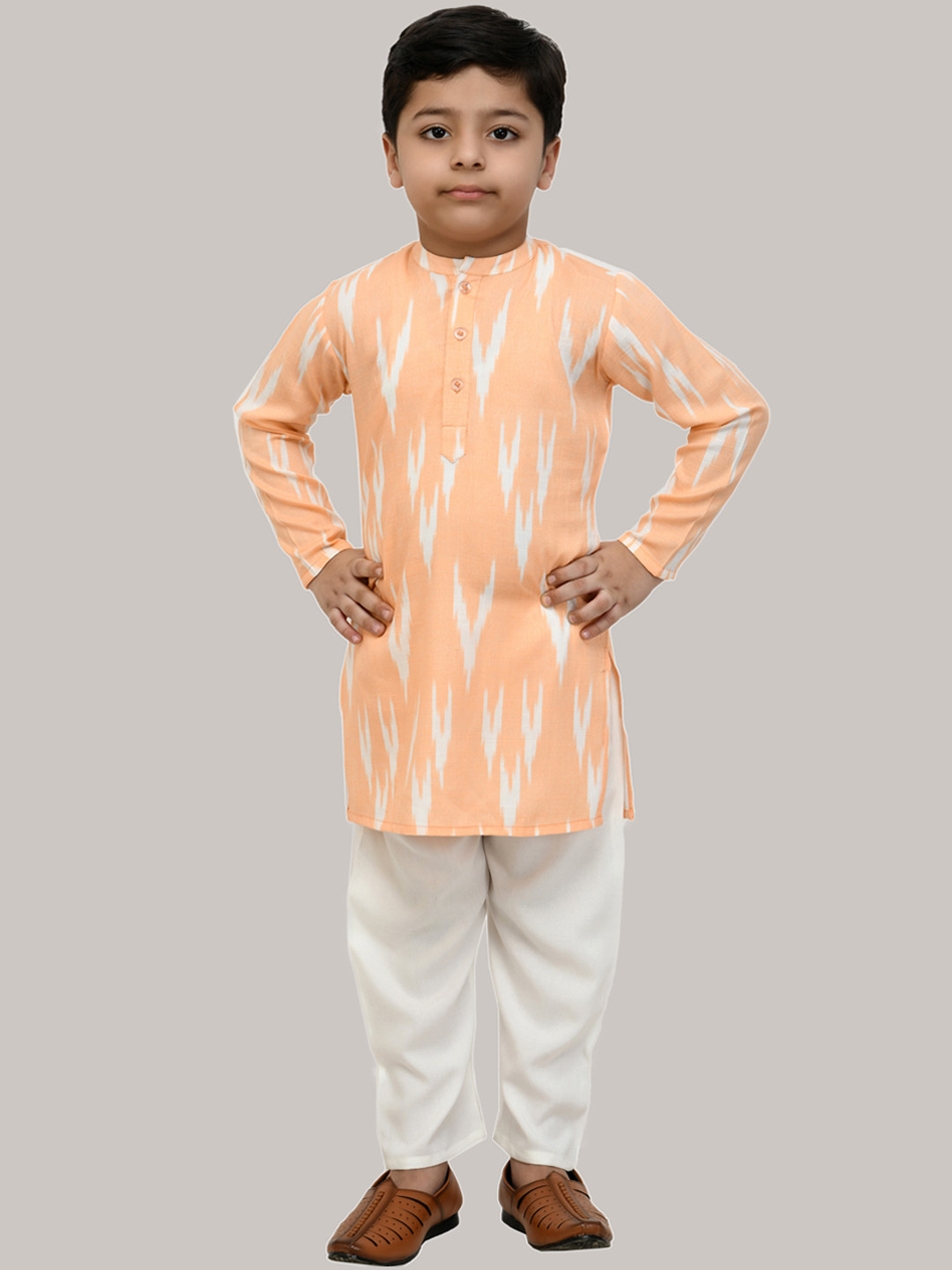 Muffin Shuffin Boys Peach-Coloured Ikat Printed Kurta with Pyjamas