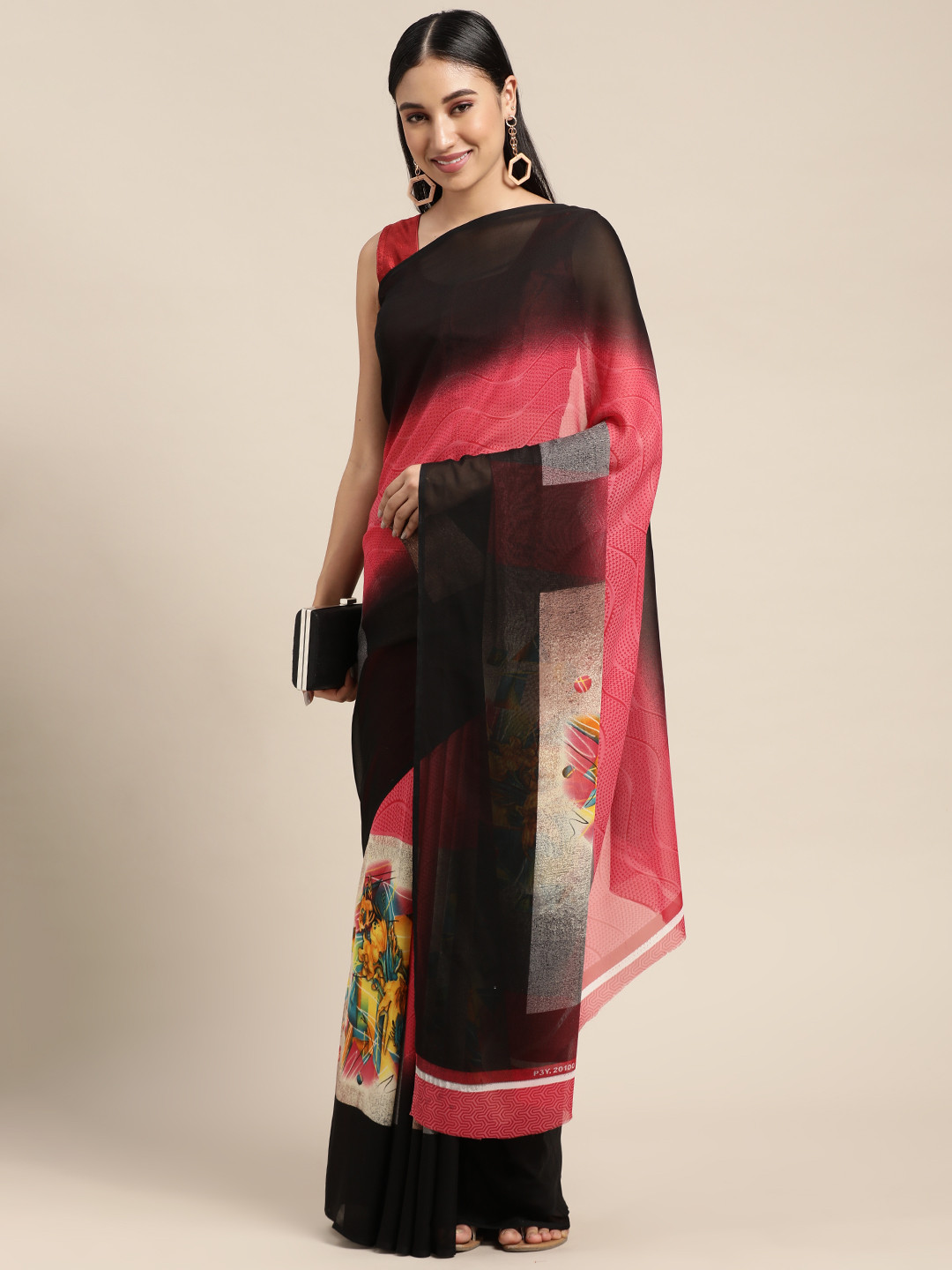 Moda Rapido Pink & Black Poly Georgette Casual Saree