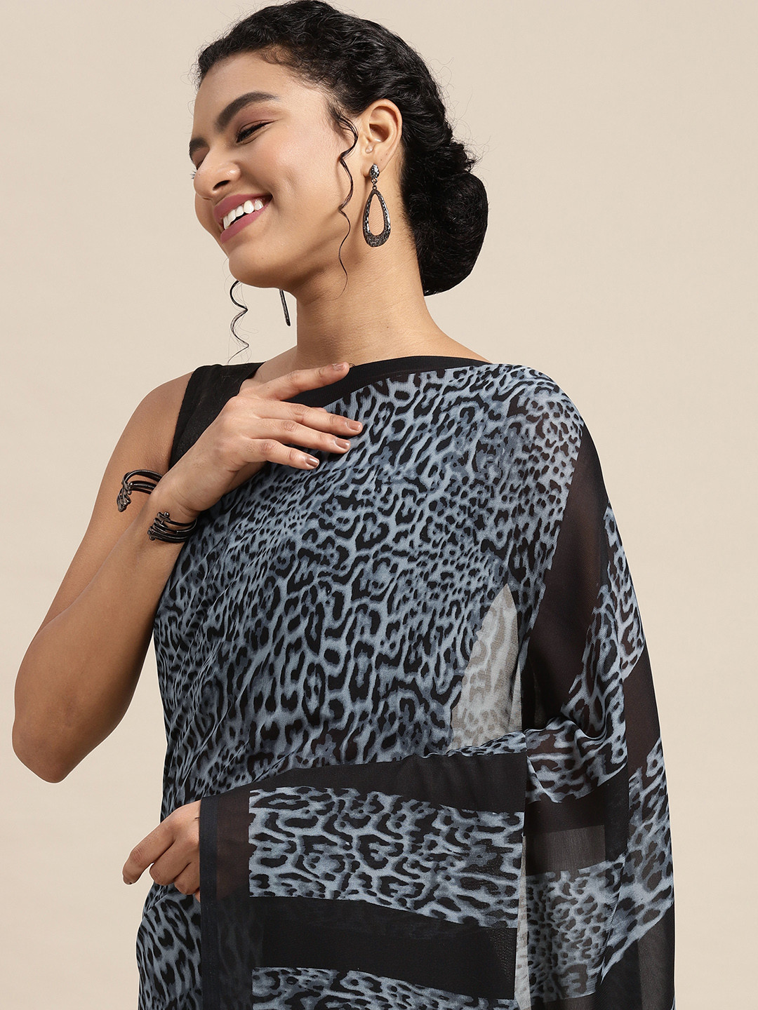 Moda Rapido Black & Grey Leopard Print Saree