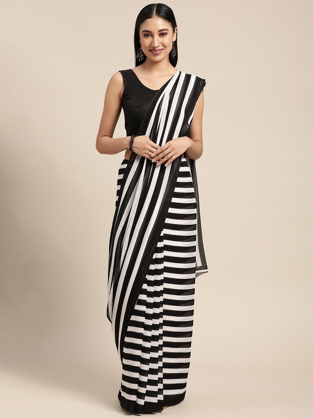 Buy KALINI Black & White Striped Saree -  - Apparel for Women