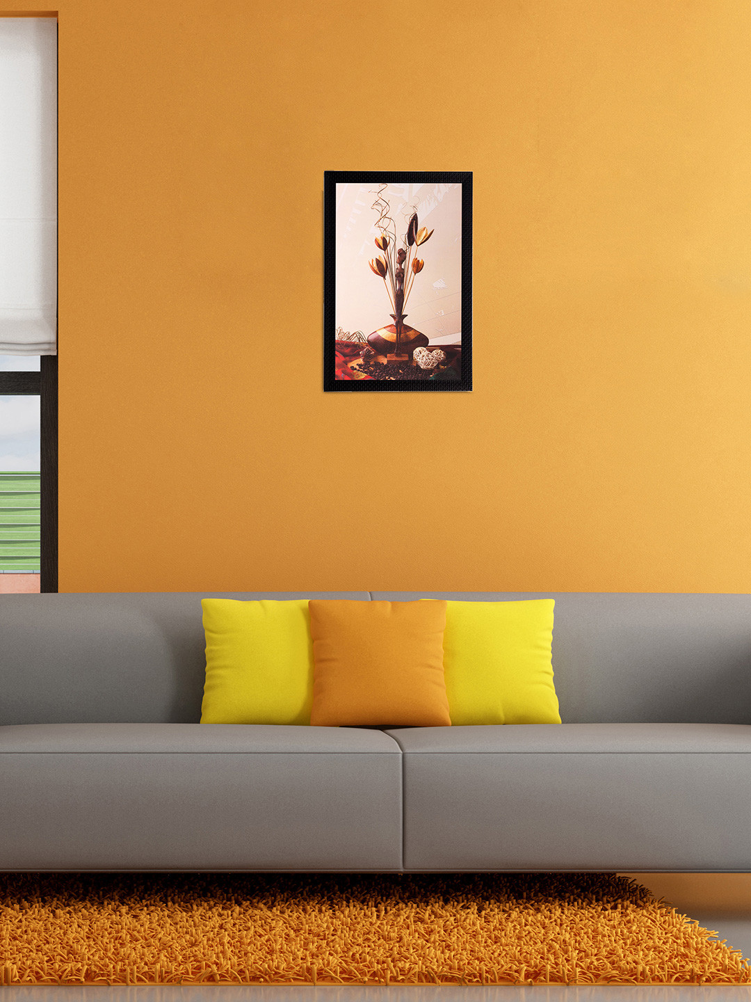 eCraftIndia Multicoloured Stems & Vase Matt Textured Framed Wall Art