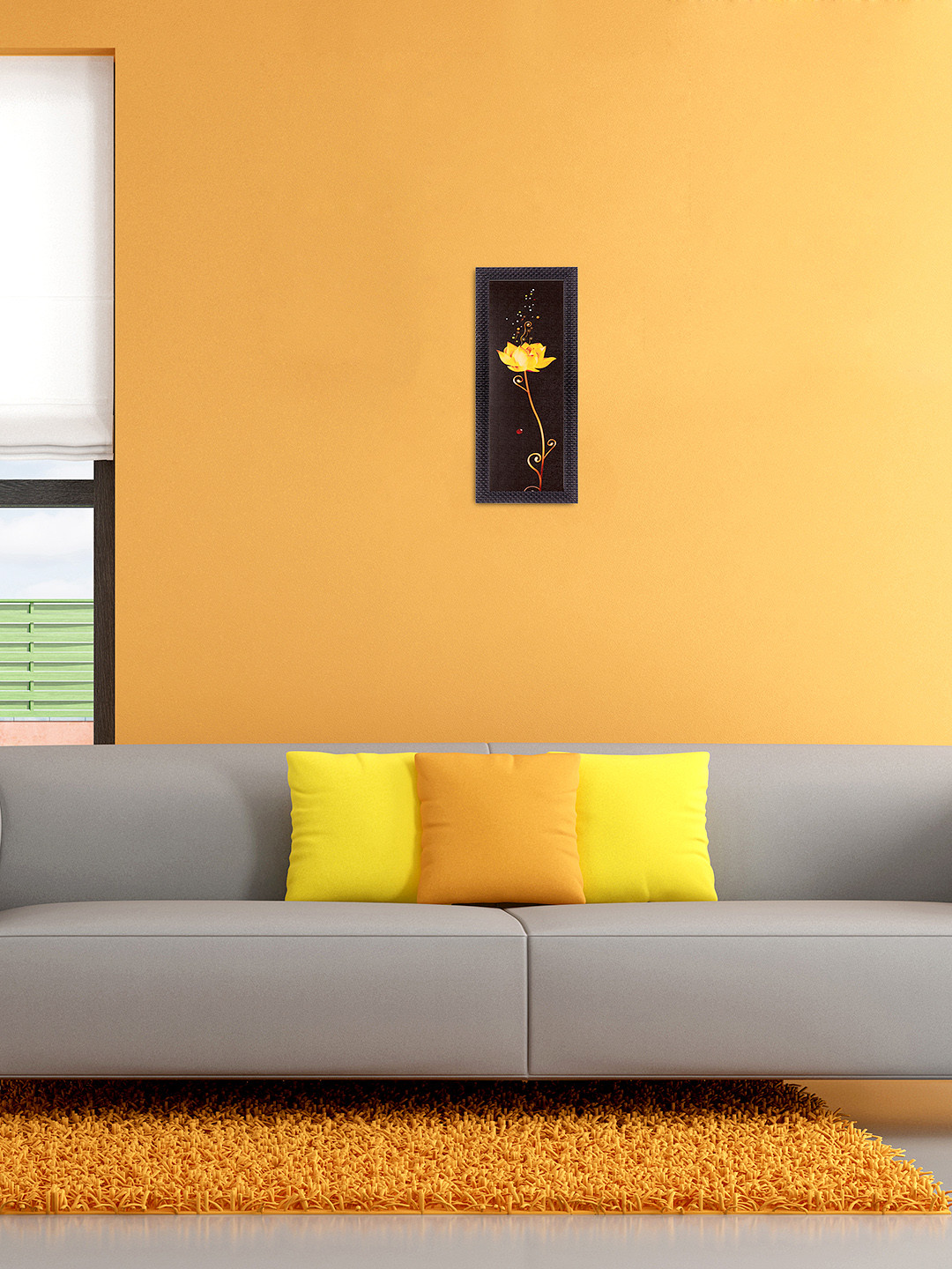 eCraftIndia Yellow & Black Floral Artwork UV Wall Art