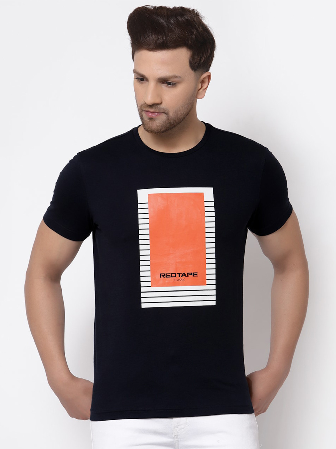 Red Tape Men Navy Blue & Orange Printed T-shirt