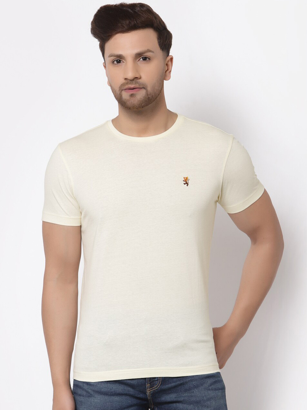 Red Tape Men Beige Solid Pure Cotton T-shirt