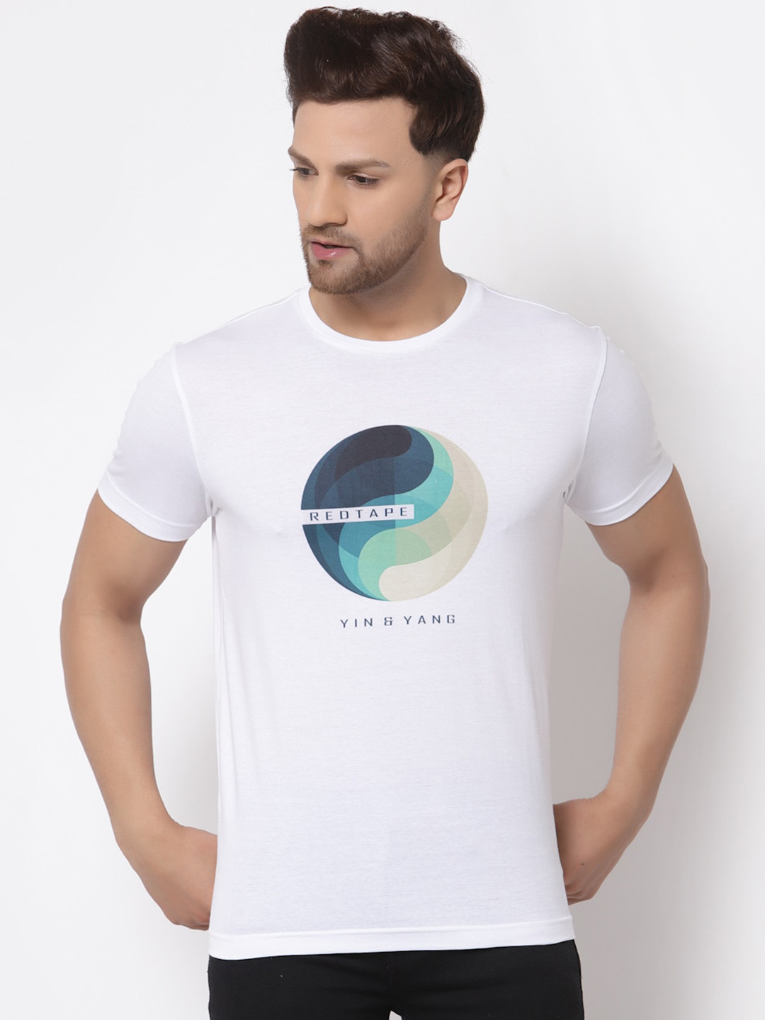 Red Tape Men White & Navy Blue Typography Printed T-shirt