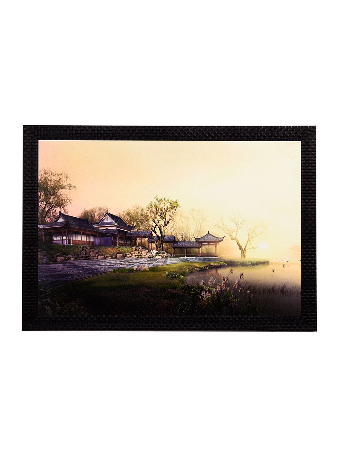 eCraftIndia Multicoloured Wood House Satin Matt Texture Framed Artwork