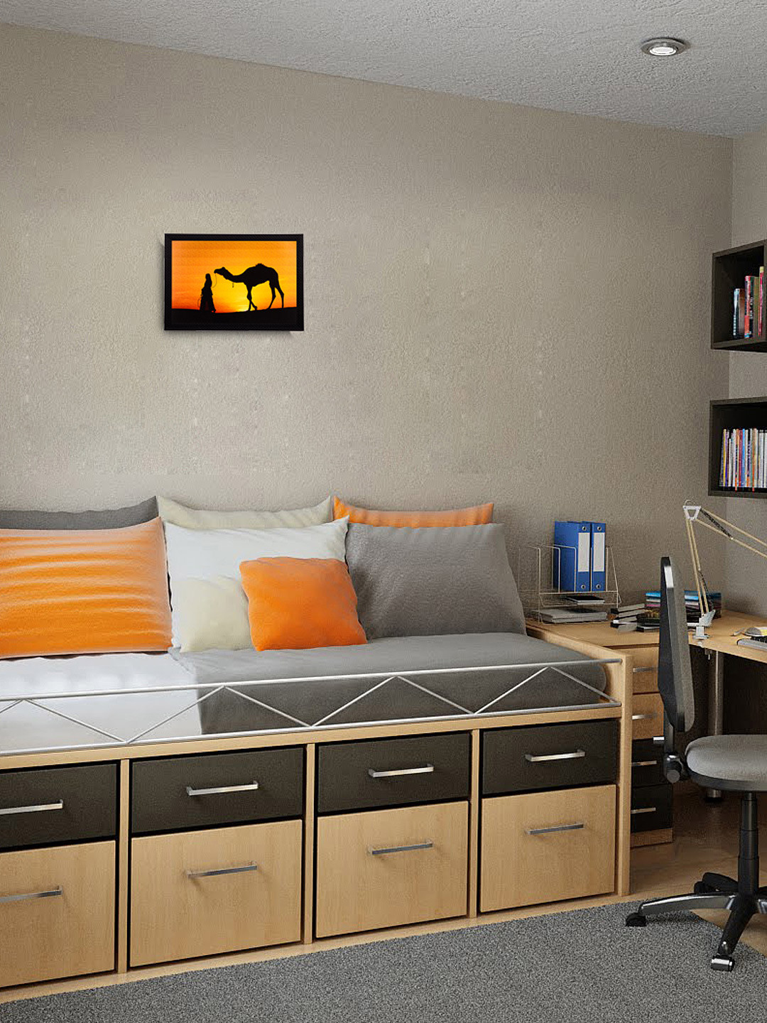 eCraftIndia Desert Camel Orange Paper Living Room Landscape Wall Art-14 x 11In