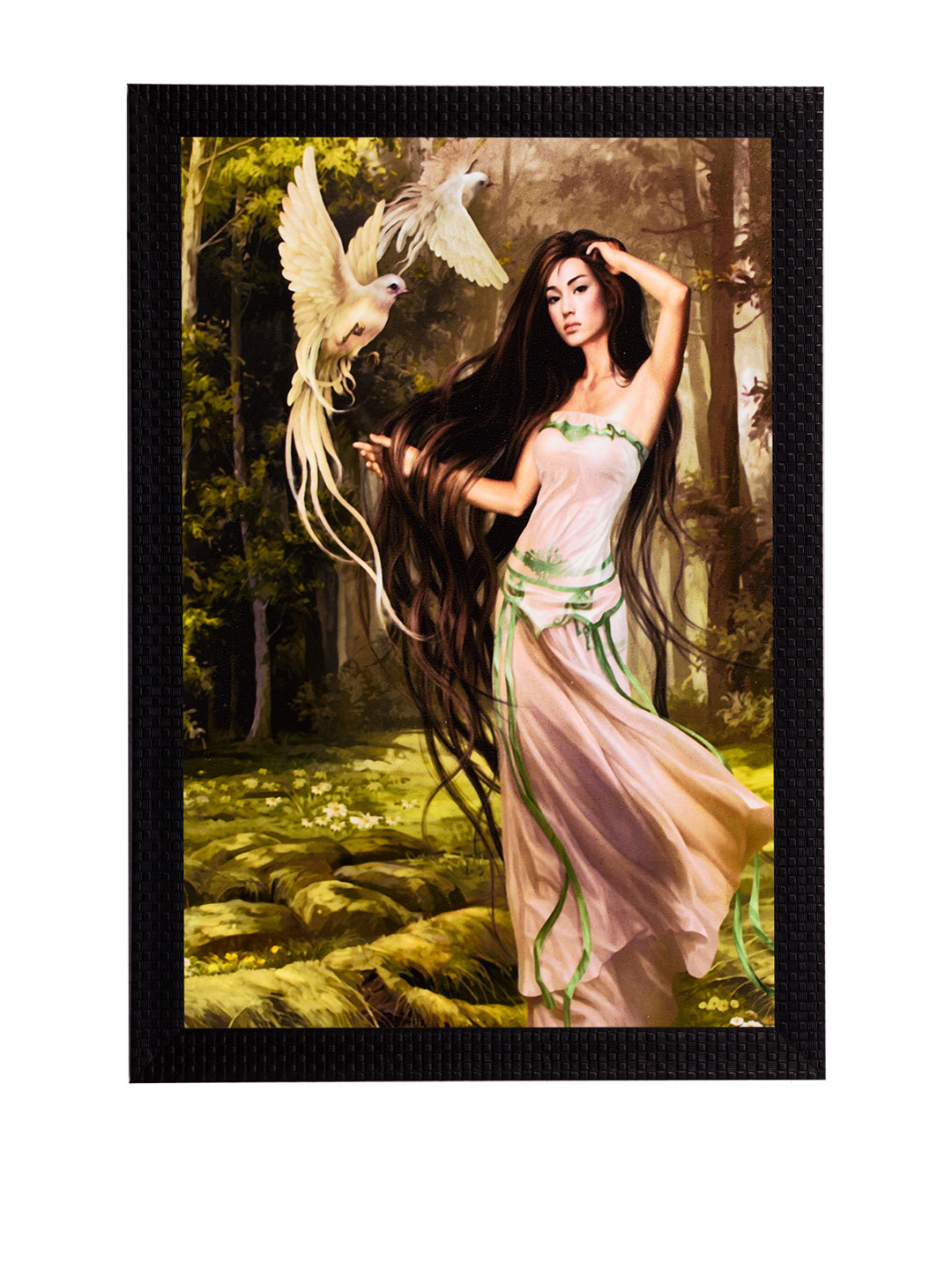 eCraftIndia Multicoloured Woman & Bird Satin Texture Framed Artwork