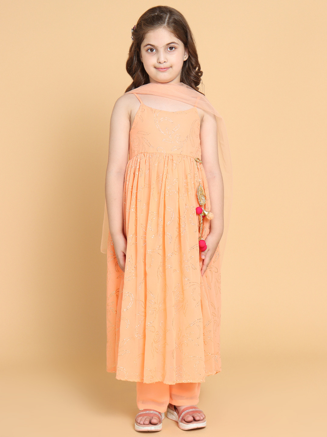 PICCOLO Girls Peach-Coloured Floral Embroidered Beads and Stones Kurta with Trousers & With Dupatta