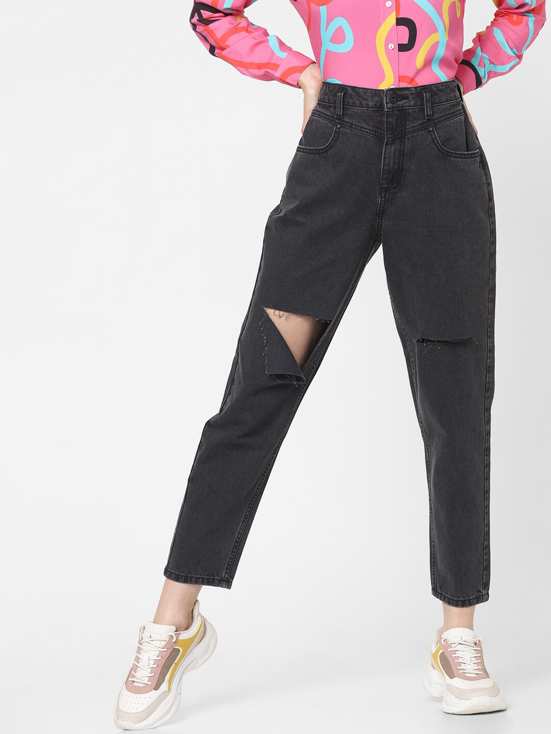 ONLY Women Black High-Rise Slash Knee Regular Fit Jeans