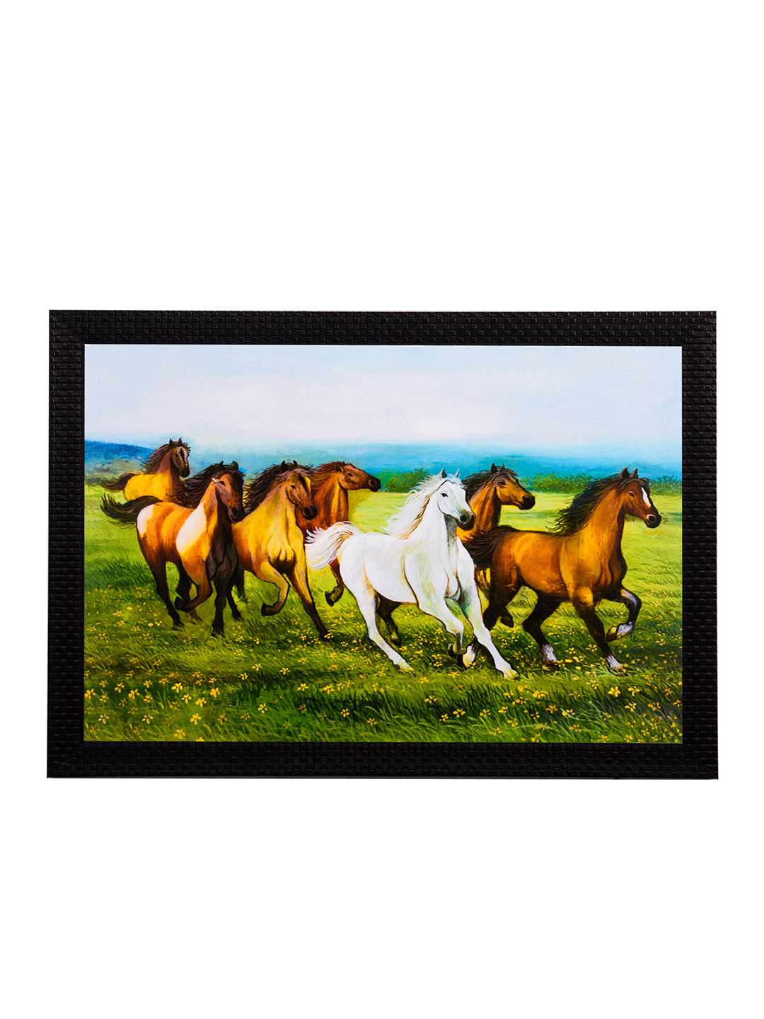 eCraftIndia Running Horses Paper Wall Rectangle Paintings Wall Art 14x11In