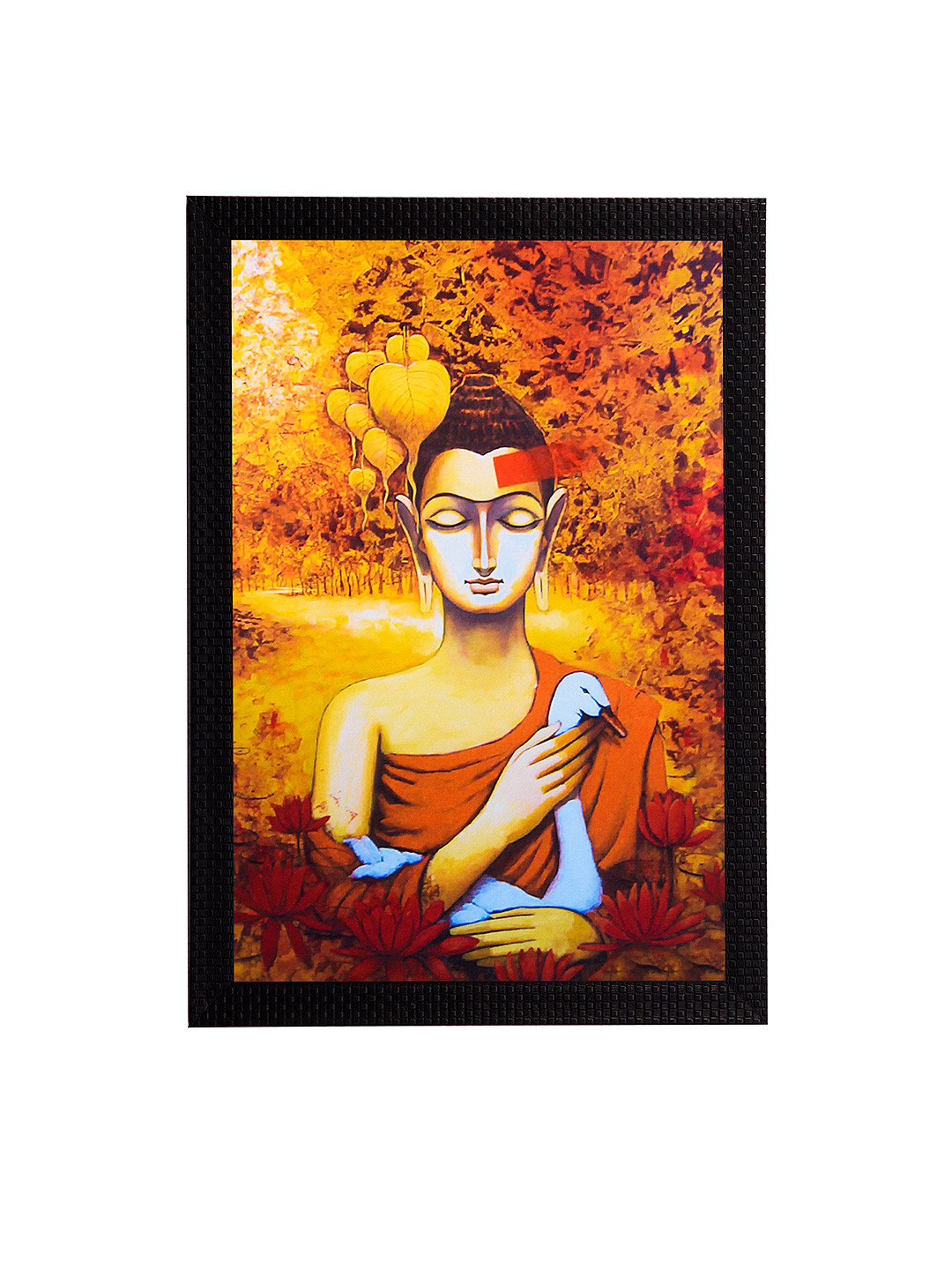 eCraftIndia Lord Buddha With Swan Synthetic Wood Rectangle Paintings Wall Art -14 x 11 In