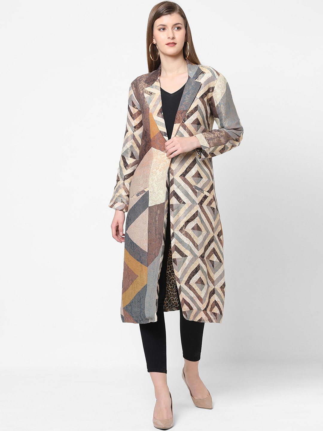 Cloth Haus India Women Brown & Grey Cotton Longline Tailored Jacket