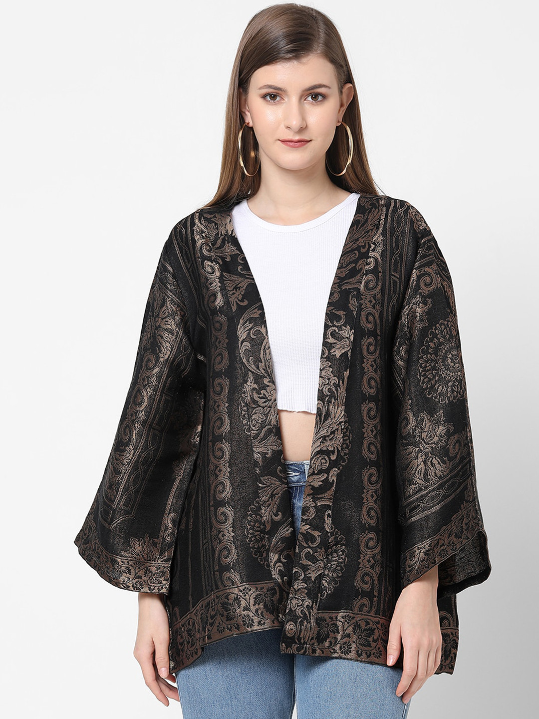 Cloth Haus India Women Black Cotton Longline Open Front Brocade Kimono Jacket