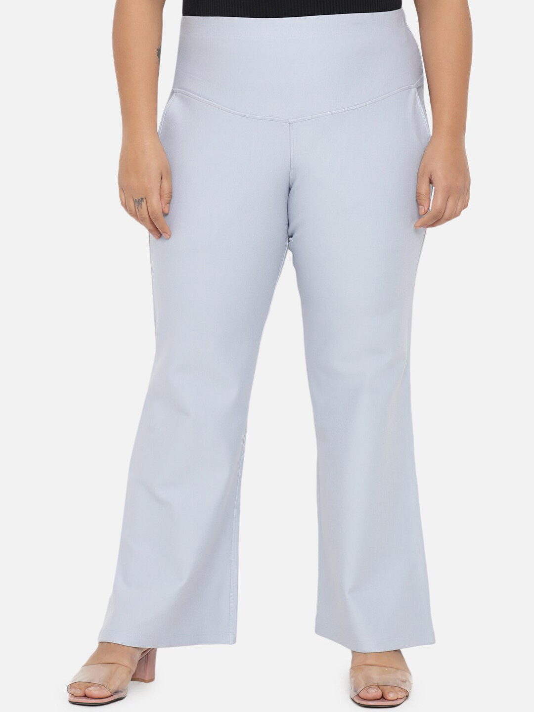 Amydus Women Plus Size Blue Solid Bell Bottom Jeggings