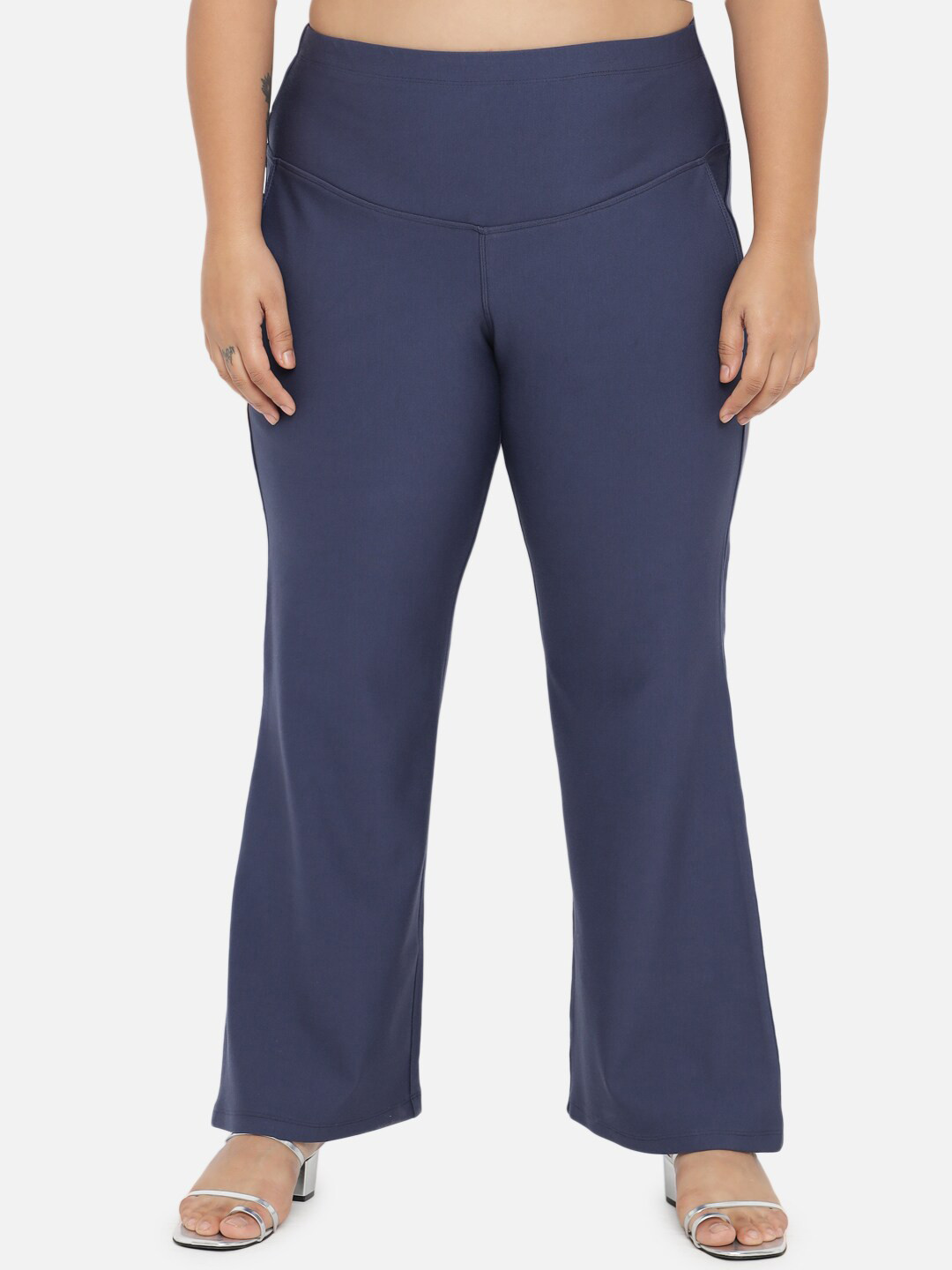 Amydus Women Plus Size Navy Blue Solid Tummy Shaper Boot-Cut Treggings