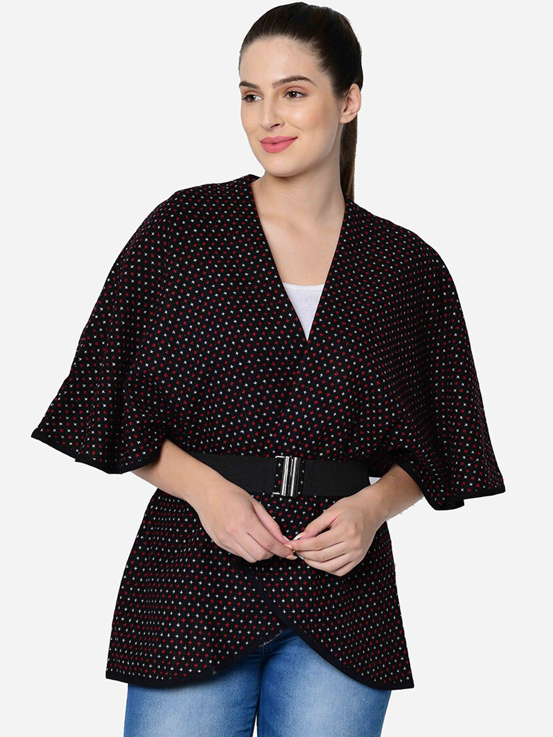 Owncraft Women Black & White Self Design Regular Fit Wrap Coat With Belt