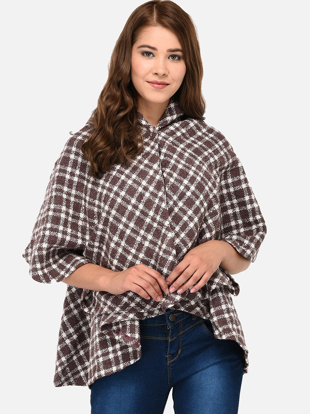 Owncraft Women Pink & White Checked Wrap Woolen Cape