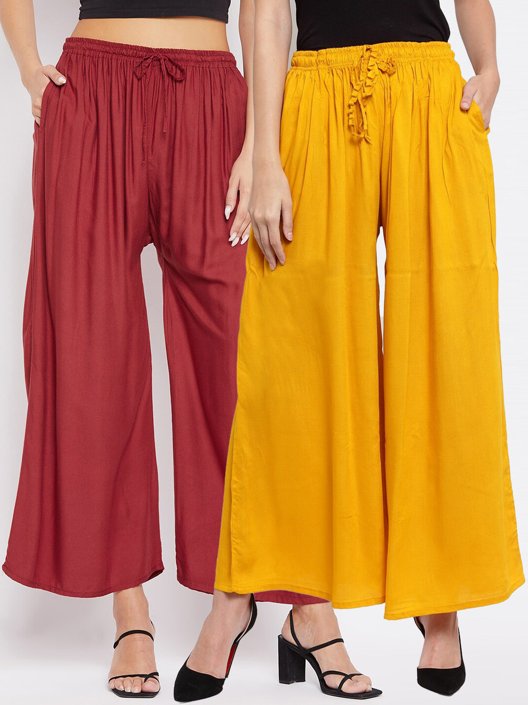 Clora Creation Pack-2 Women Yellow & Red Flared Knitted Palazzos