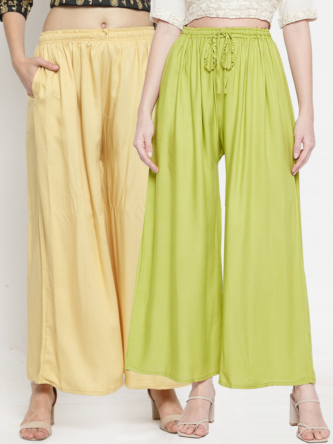 Clora Creation Women Pack of 2 Green & Tan Flared Knitted Palazzos