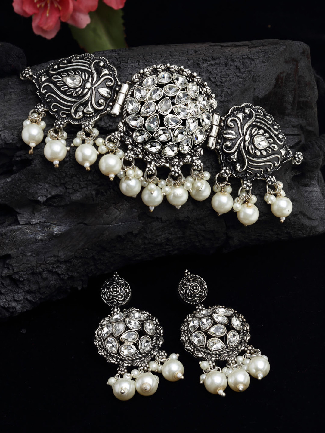 PANASH Silver-Toned White Stone Studded Choker Jewellery Set