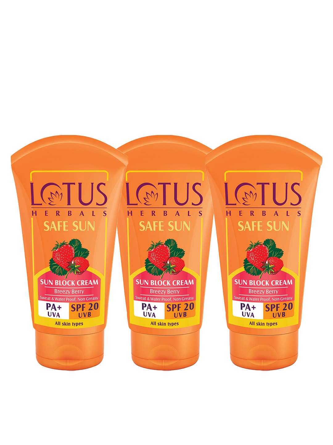 Lotus Herbals Set of 3 Safe Sun PA+UVA SPF 20 Breezy Berry Sunscreen - 100 g each