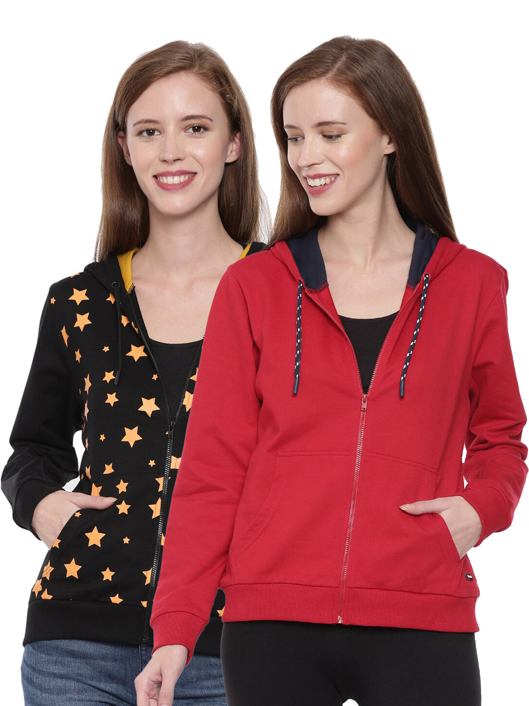 3PIN Women Black & Red Set Of 2 Hooded Sweatshirt
