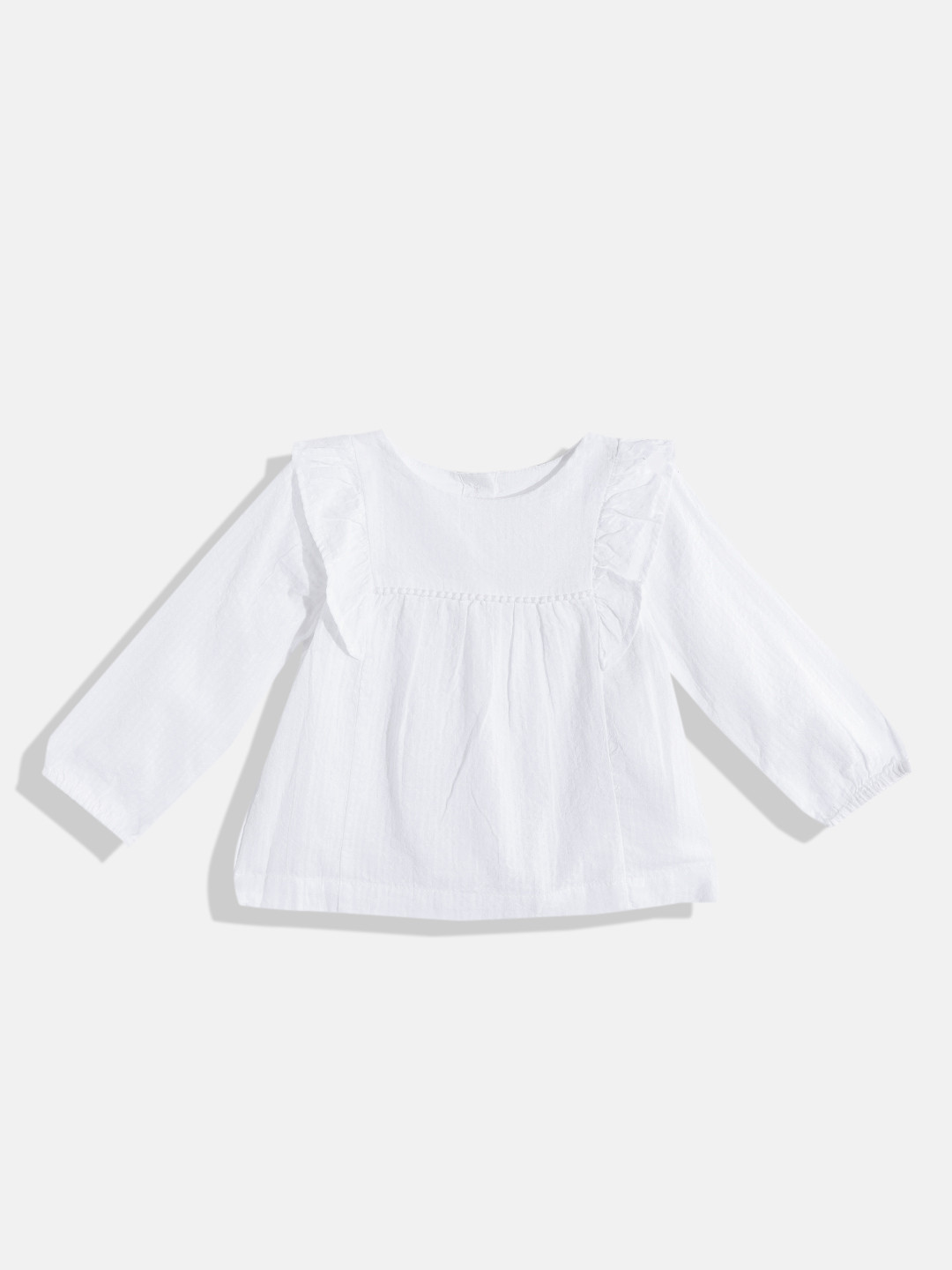 mothercare White Girls Pure Cotton Self Design Puff SleevesRuffles Top