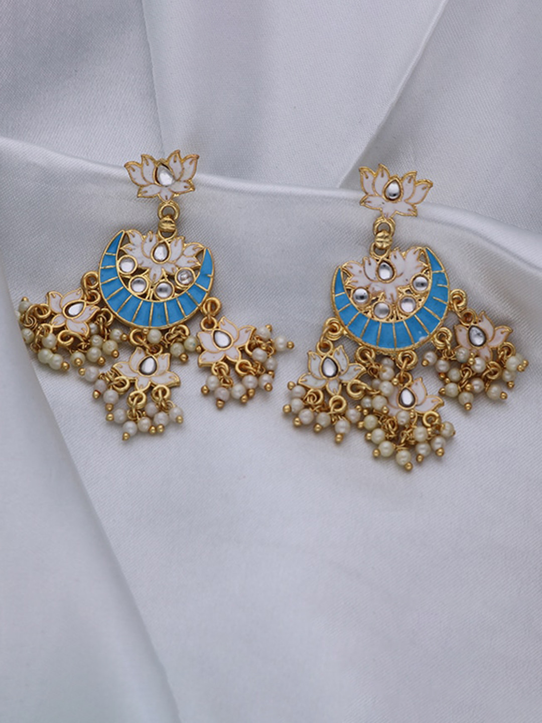 MORKANTH JEWELLERY Blue & White Gold Plated Contemporary Jhumkas Earrings