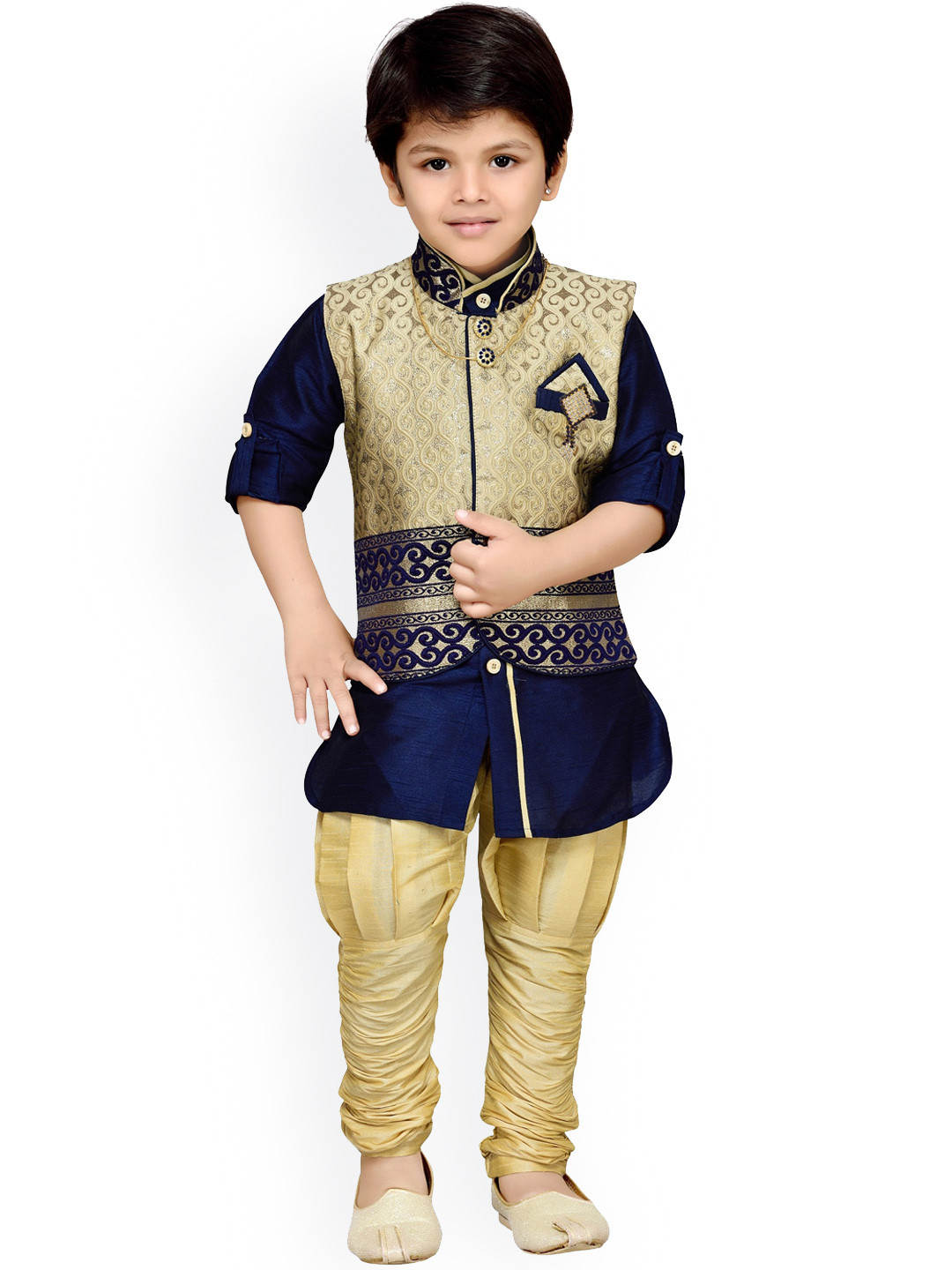Aj DEZInES Boys Navy Blue Gotta Patti Kurta & Churidar WIth Waistcoat