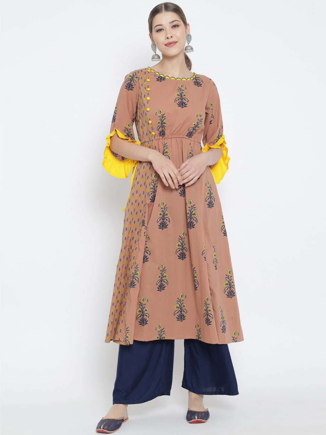 YASH GALLERY Multicoloured & Yellow Floral Printed Boat Neck Empire Kurta