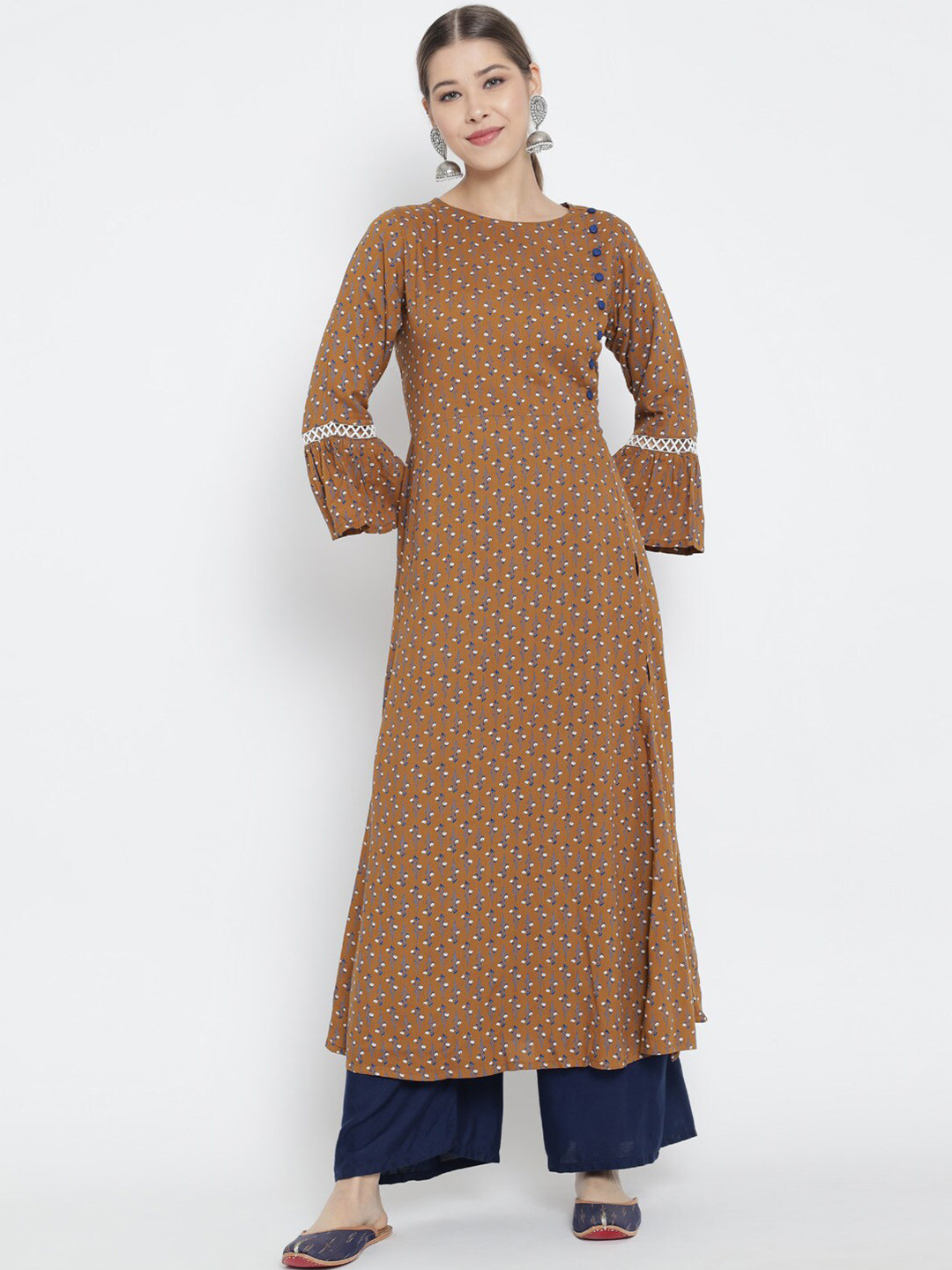 YASH GALLERY Brown, Blue & White Floral Printed A-line Kurti