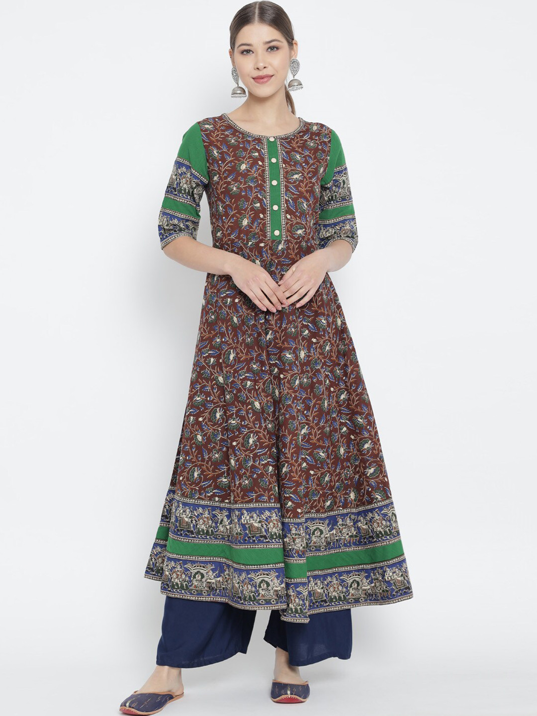 YASH GALLERY Women Coffee Brown & Green Floral Printed Anarkali Kurta