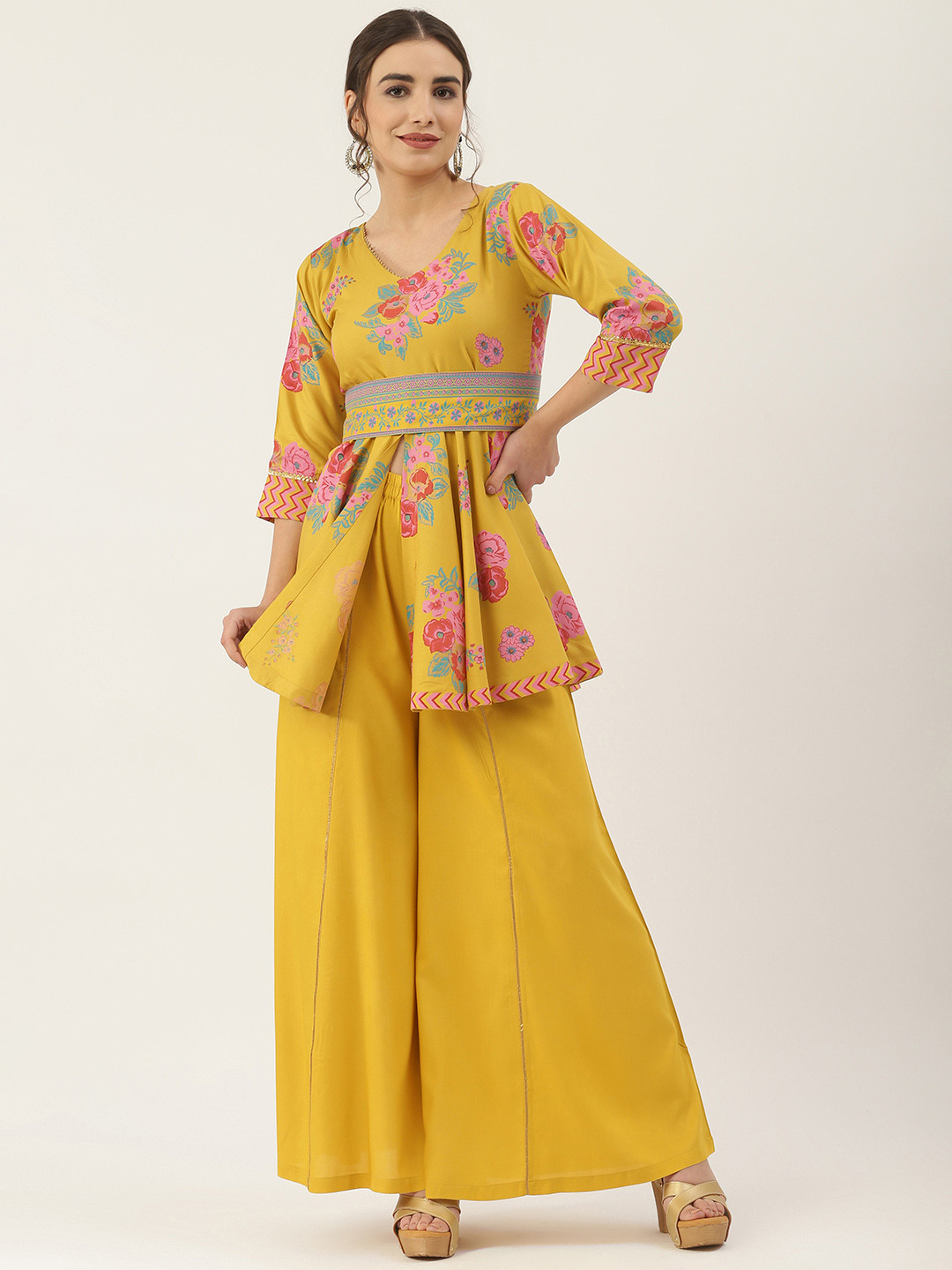 Rustorange Women Mustard Yellow Floral Printed Pleated Kurti with Sharara