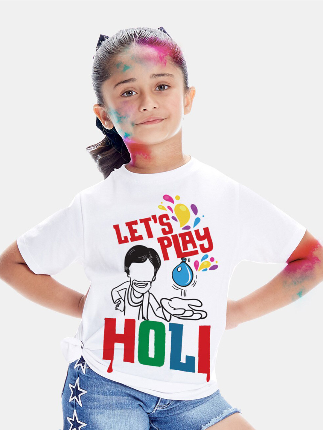 BONKIDS Girls White Lets Play Holi Printed T-shirt