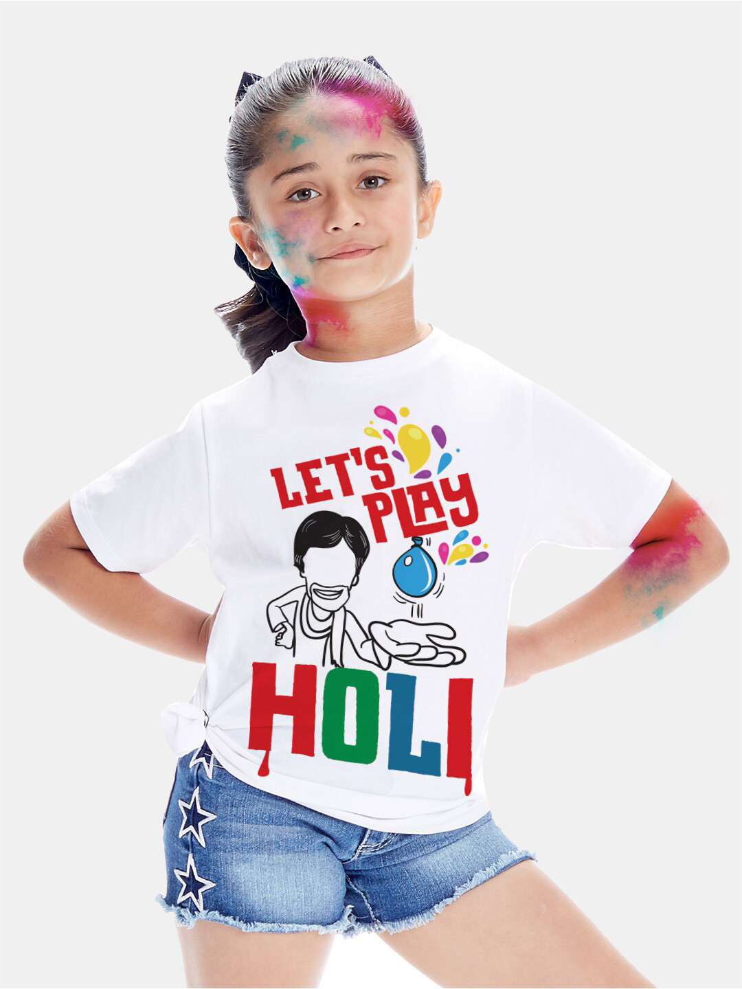 BONKIDS Girls White Lets Play Holi Printed T-shirt