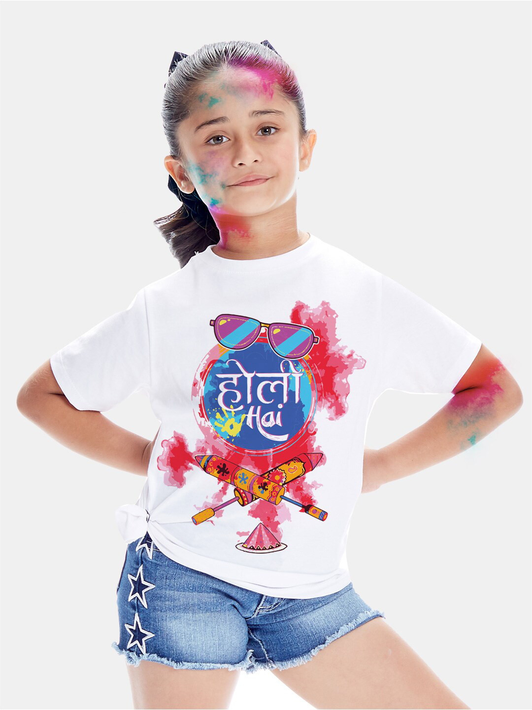 BONKIDS Girls White & Red Holi Hai Holi Printed Round Neck Cotton T-shirt