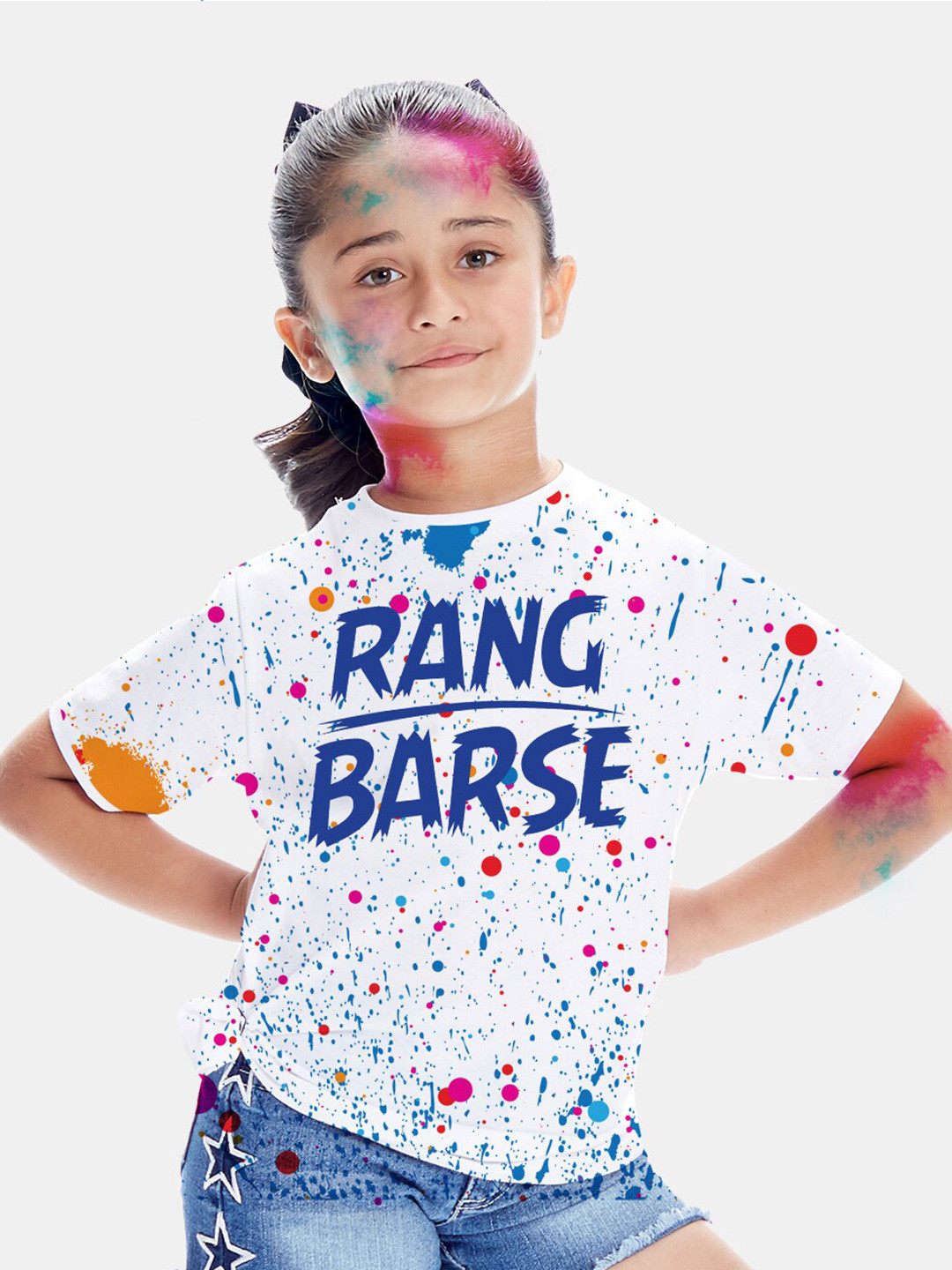 BONKIDS Girls White & Blue Rang Barse Printed Holi T-shirt