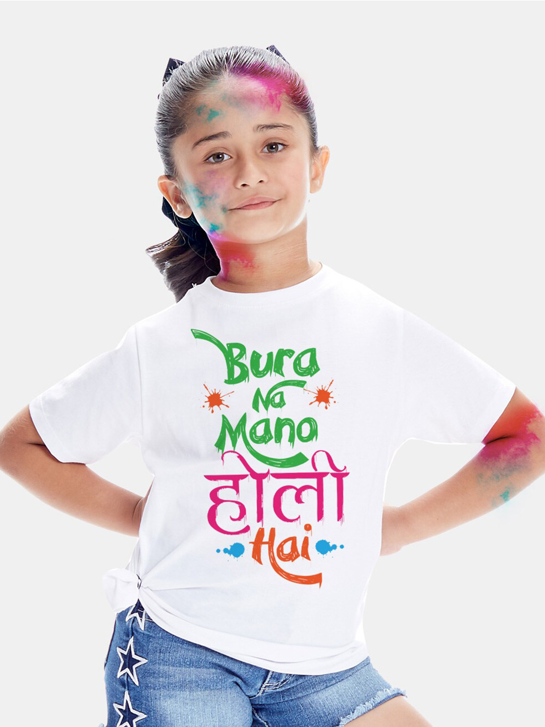 BONKIDS Girls White Bura Na Mano Holi Printed T-shirt