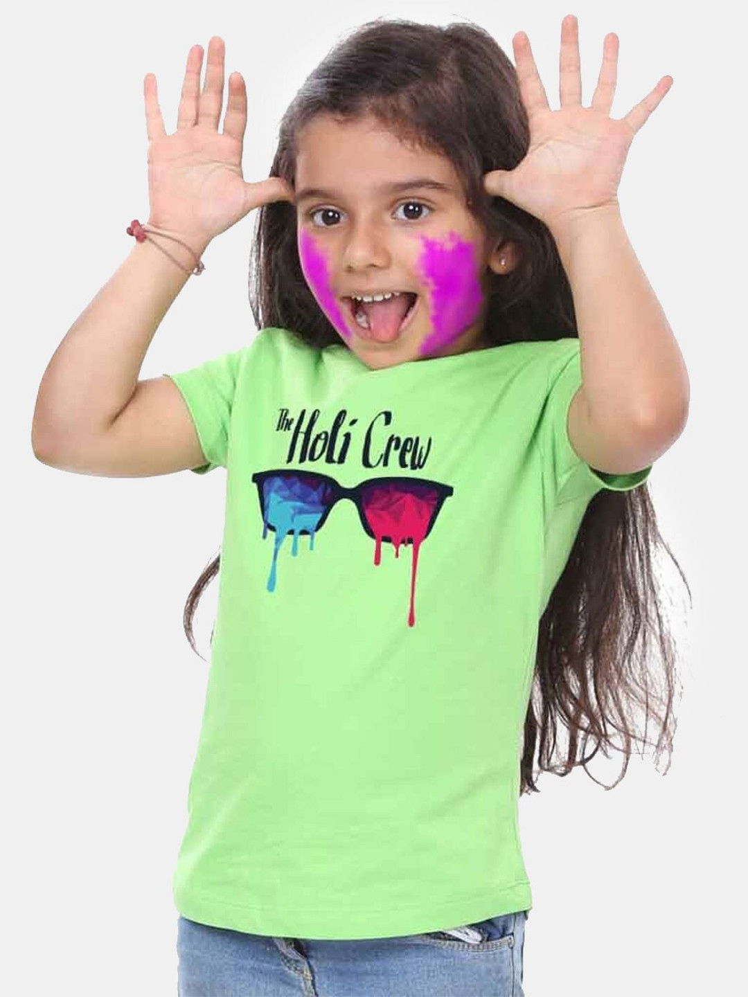 BONKIDS Girls Green Holi Crew Printed T-shirt