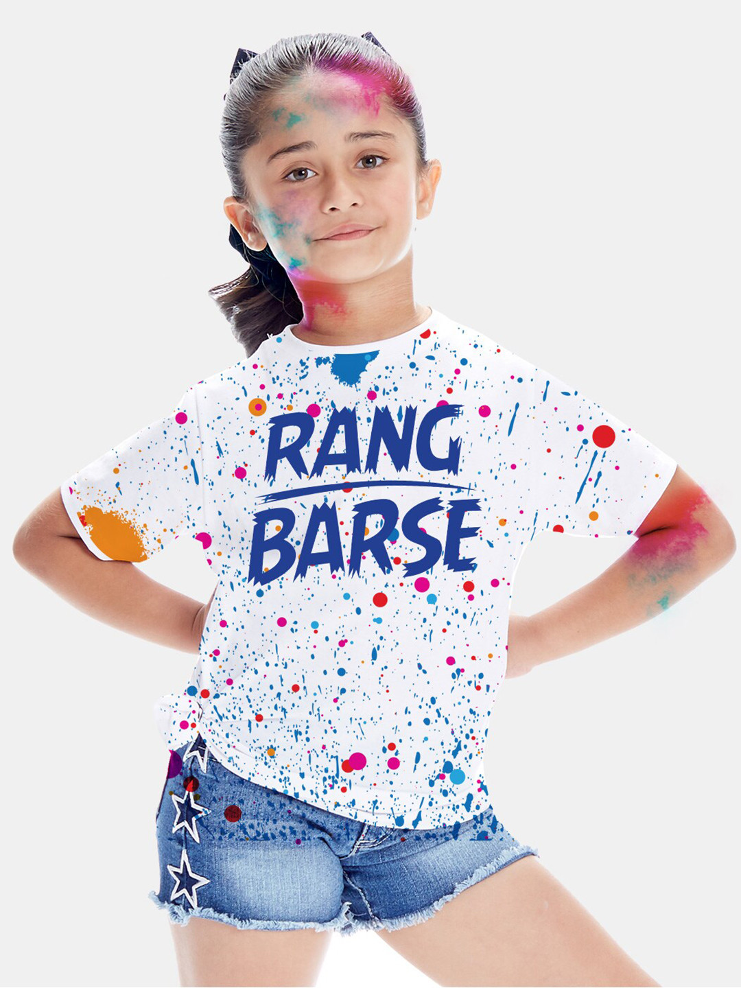 BONKIDS Girls White Rang Barse Holi Printed Short sleeves T-shirt