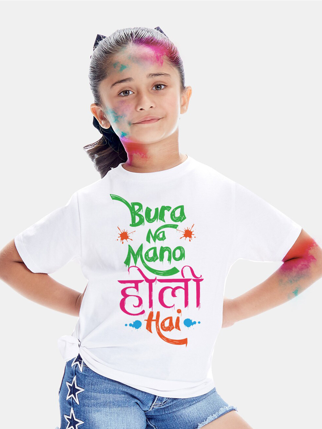 BONKIDS Girls White Bura Na Mano Holi Printed T-shirt