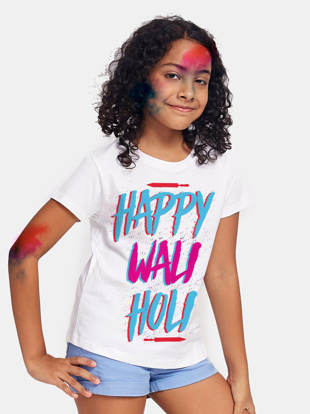 BONKIDS Girls White Happy Wali Holi Printed Cotton T-shirt