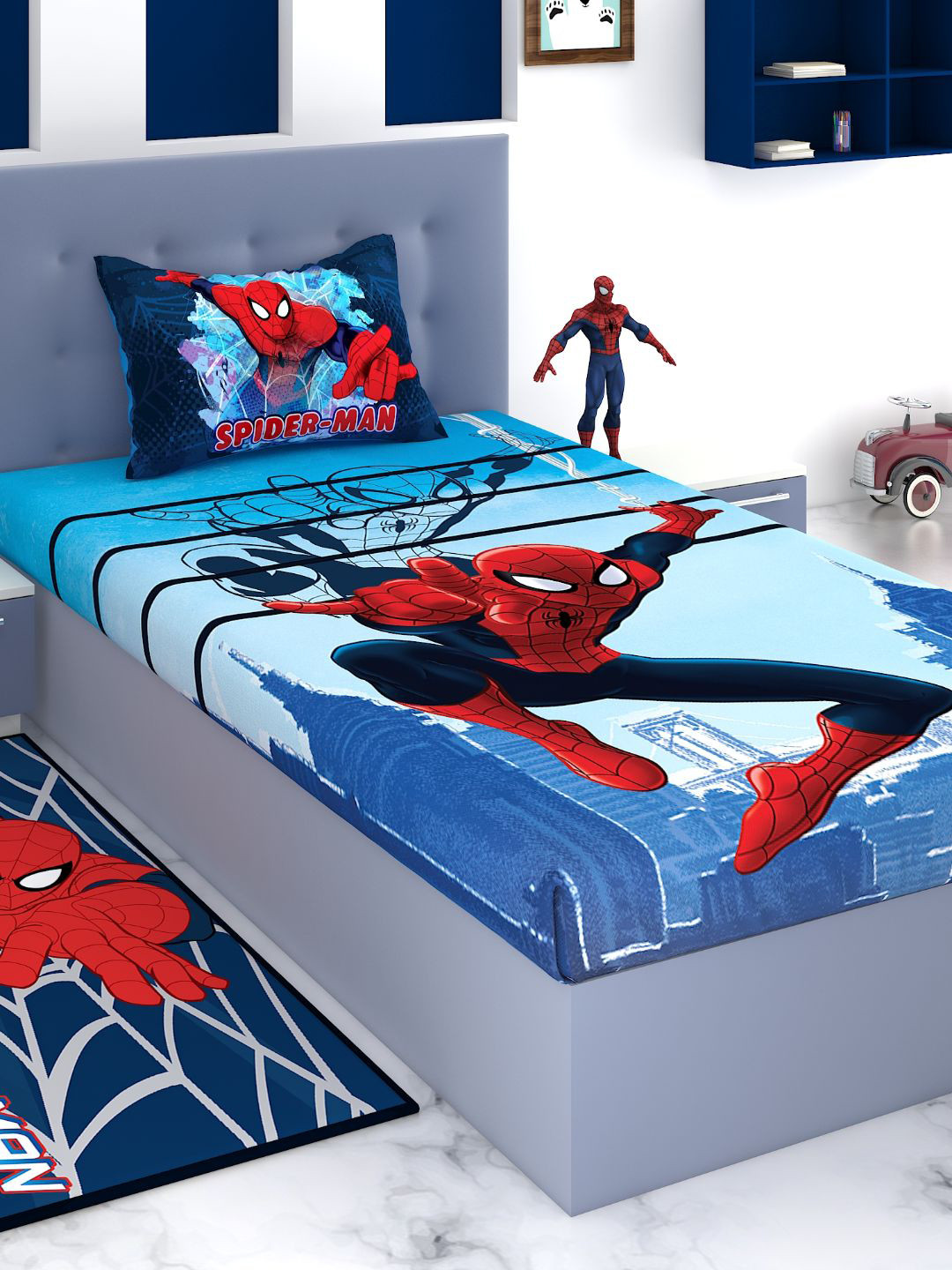 Disney Blue & Red 180 TC King Fine Cartoon Characters Bed Sheet with 1 Pillow Covers