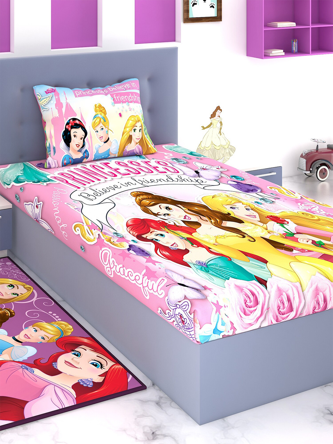 Disney Pink Cartoon Characters Cotton 180 TC Single Fine Bedsheet with a Pillow Cover-58 x 88 inches