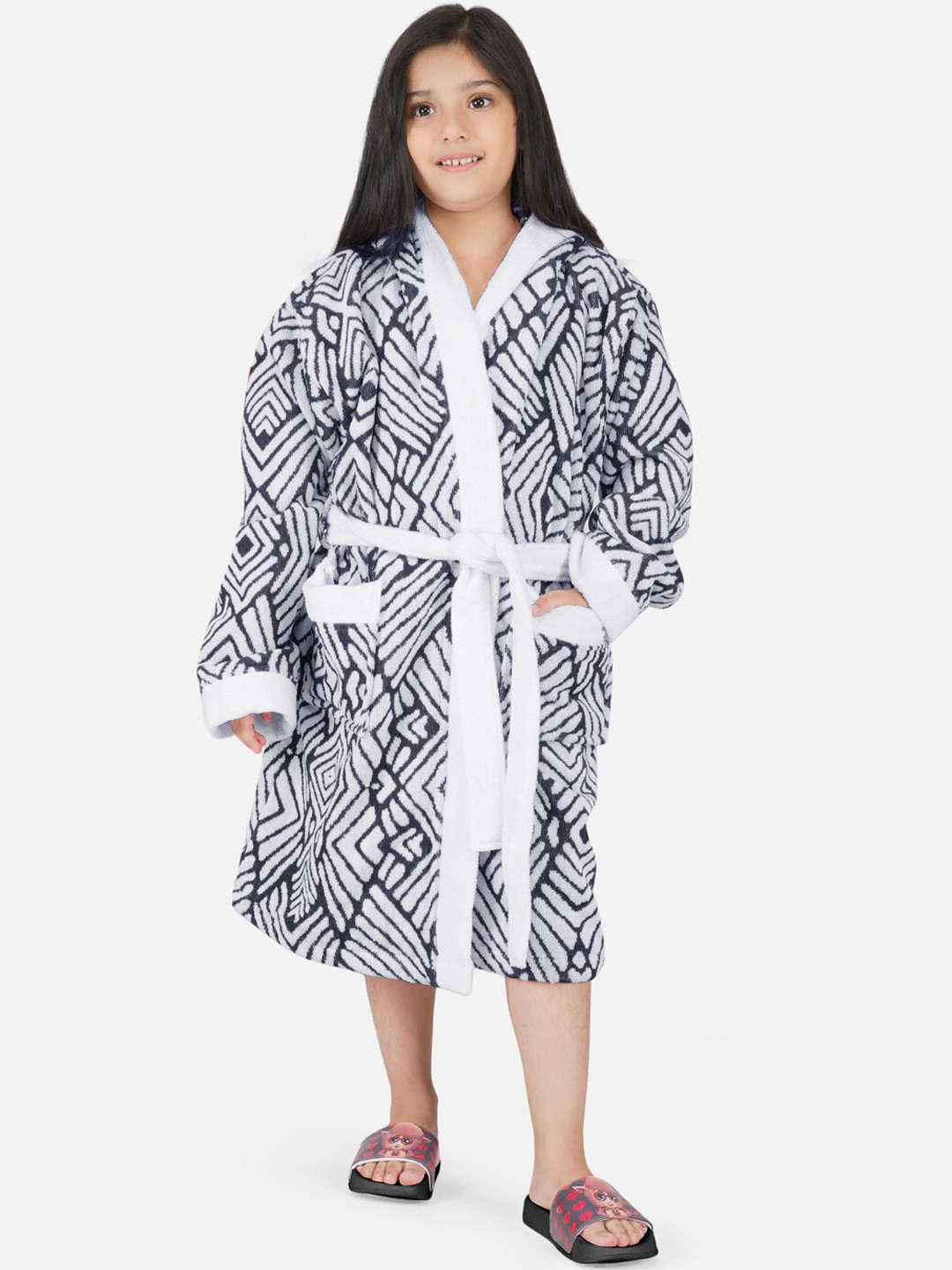 RANGOLI Jaquard Weave Navy Blue Geometric Jacquard Drawstring Midi Bath Robe